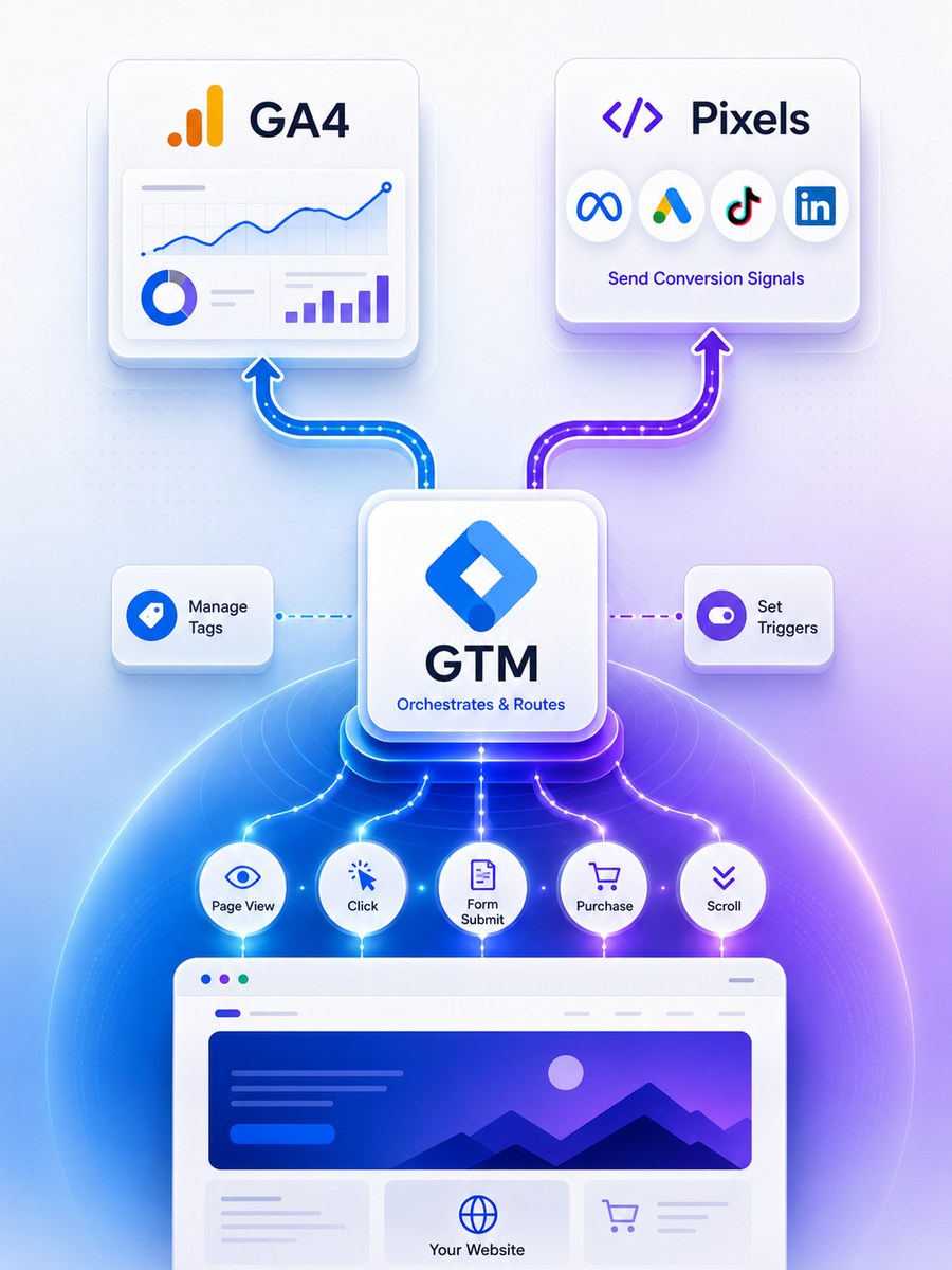 GA4 vs GTM vs Pixels: The Website Tracking Stack, Explained